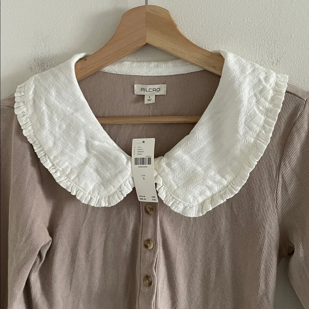 Pilcro Anthropologie Keira Peter Pan Collar Henley Top Size Small Neutral NWT - Picture 6 of 12